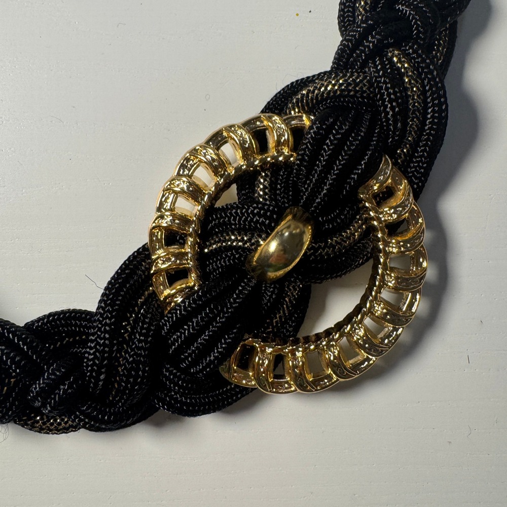 Vintage 80s Black Gold Braided Cord Rope Belt Gold Tone Buckle Size ML dopamine